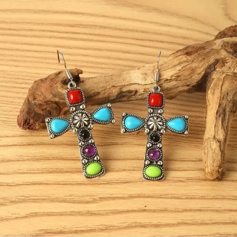 Gorgeous Boho Cross dangle earrings Stunning Stone Embellishments - Picture 5 of 5